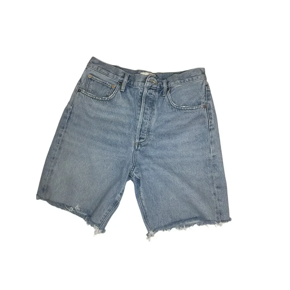 AGOLDE 90’s Denim Shorts Women’s 26 Light Wash Long Bermuda Raw Hem Button Fly